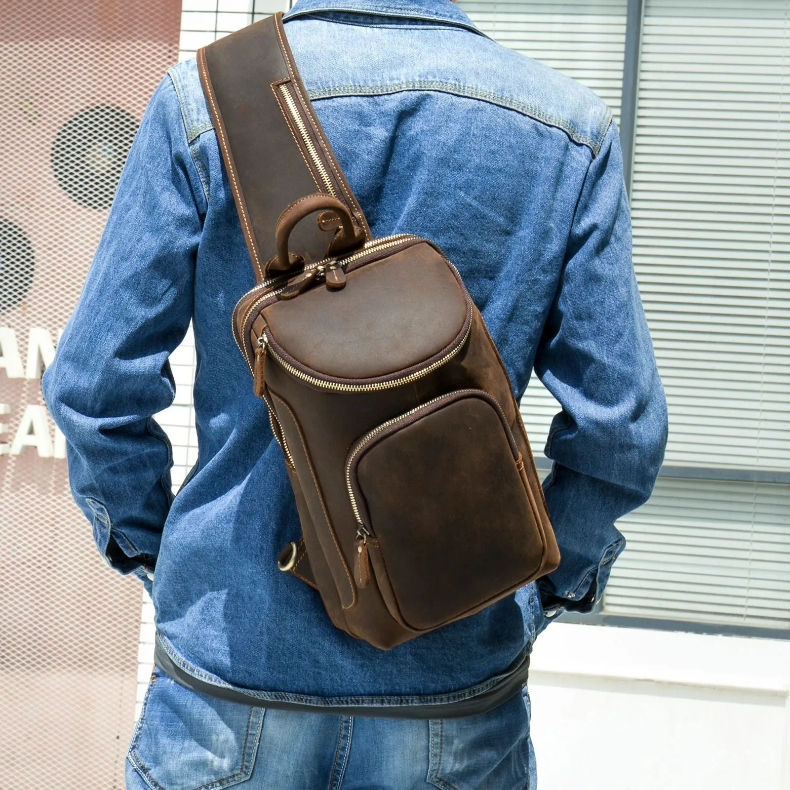 Full Grain Leather Chest Bag Retro Leather Crossbody Bag Handmade Mens Leather Sling Bag