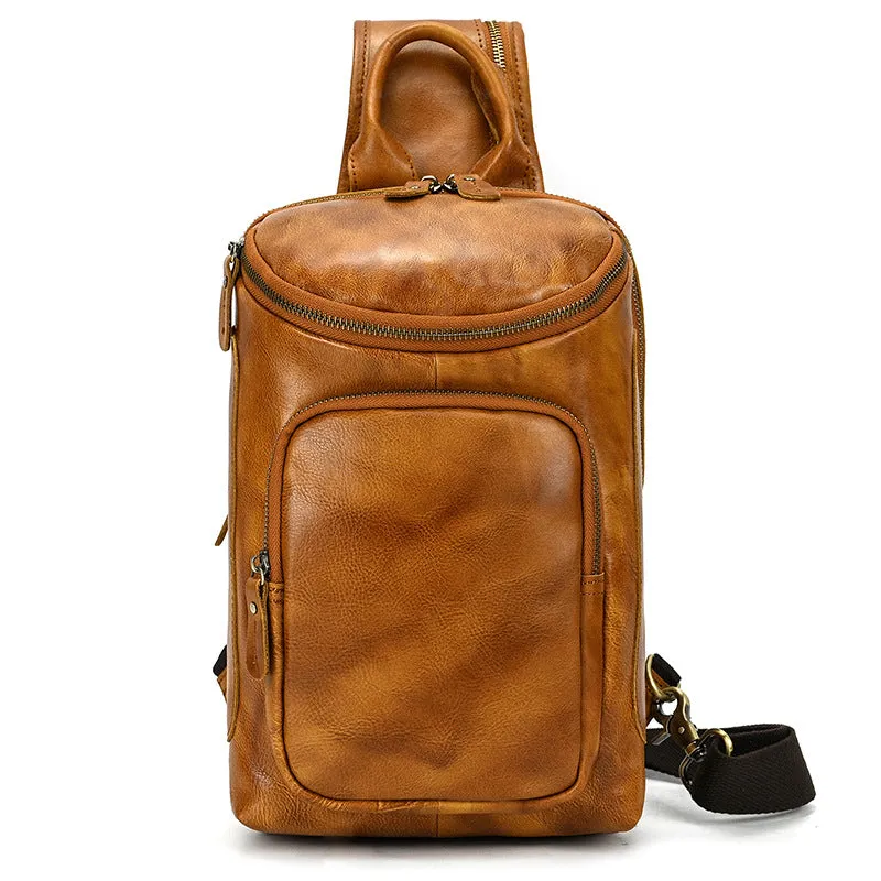 Full Grain Leather Chest Bag Retro Leather Crossbody Bag Handmade Mens Leather Sling Bag