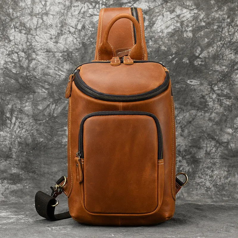 Full Grain Leather Chest Bag Retro Leather Crossbody Bag Handmade Mens Leather Sling Bag