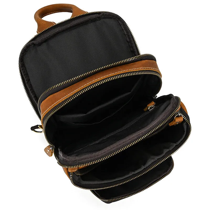 Full Grain Leather Chest Bag Retro Leather Crossbody Bag Handmade Mens Leather Sling Bag