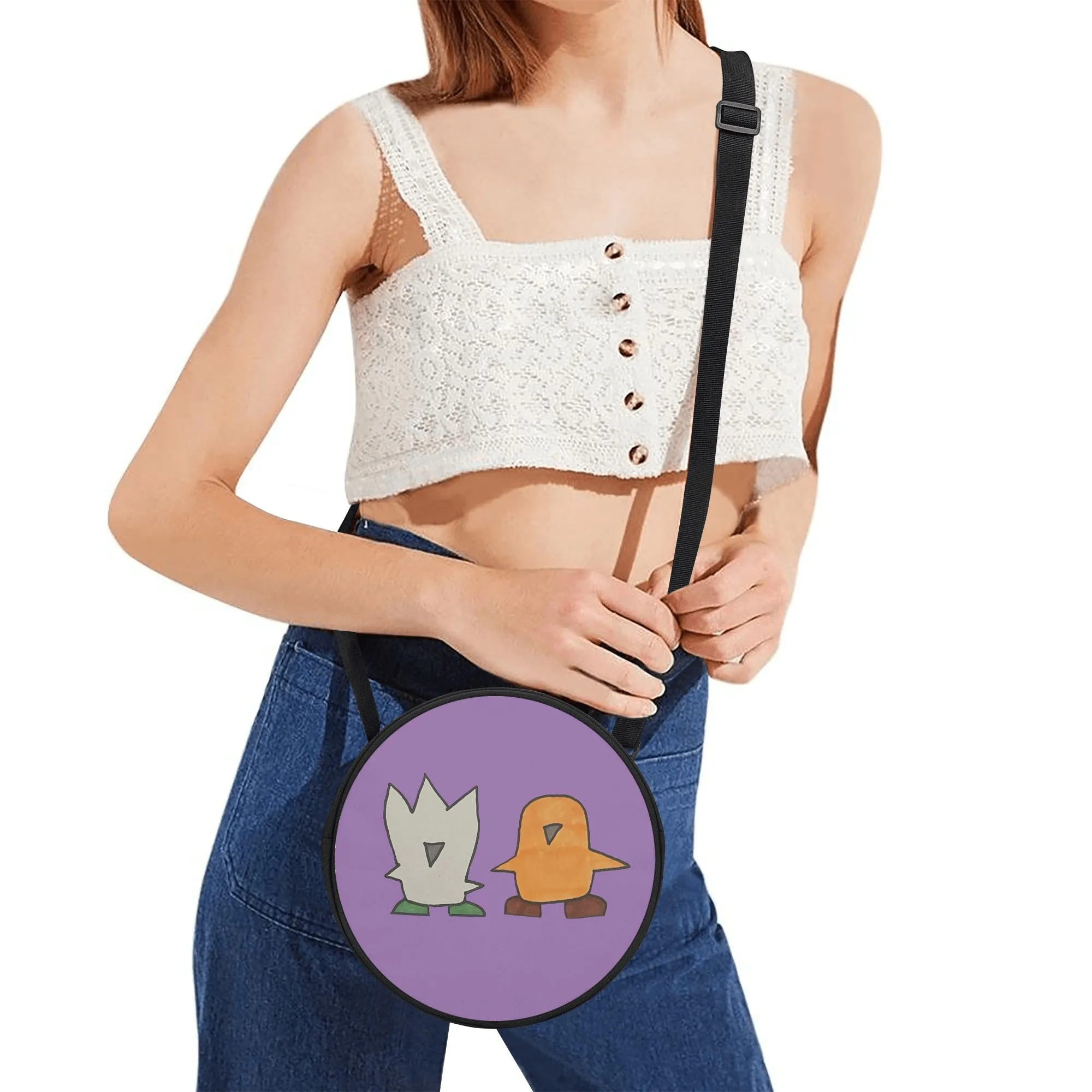 Fuzzy and Muffin Artwork by D.B. on Round Satchel Bags (Indigo/Violet)
