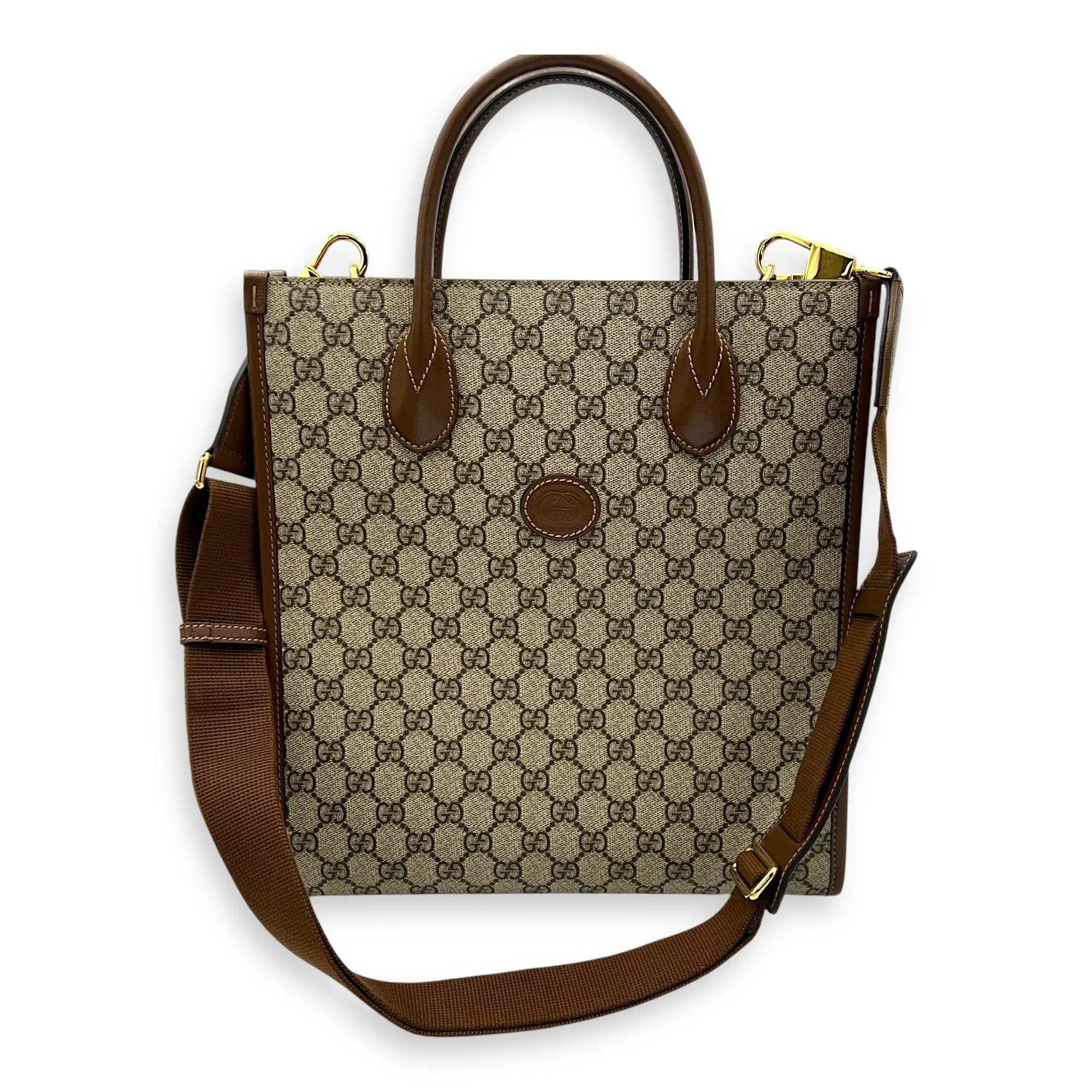 GG Supreme Tote Bag Brown in Monogram Coated Canvas, Gold hardware
