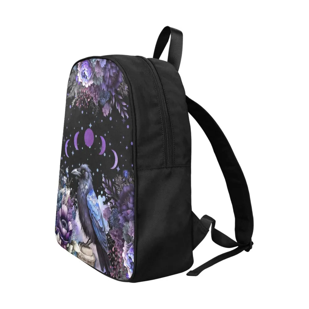 Goth Purple Raven Backpack, Witchy Bookbag (Select Size), Canvas Back pack