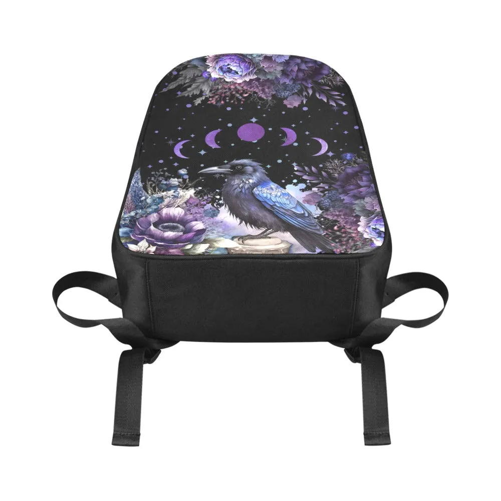 Goth Purple Raven Backpack, Witchy Bookbag (Select Size), Canvas Back pack