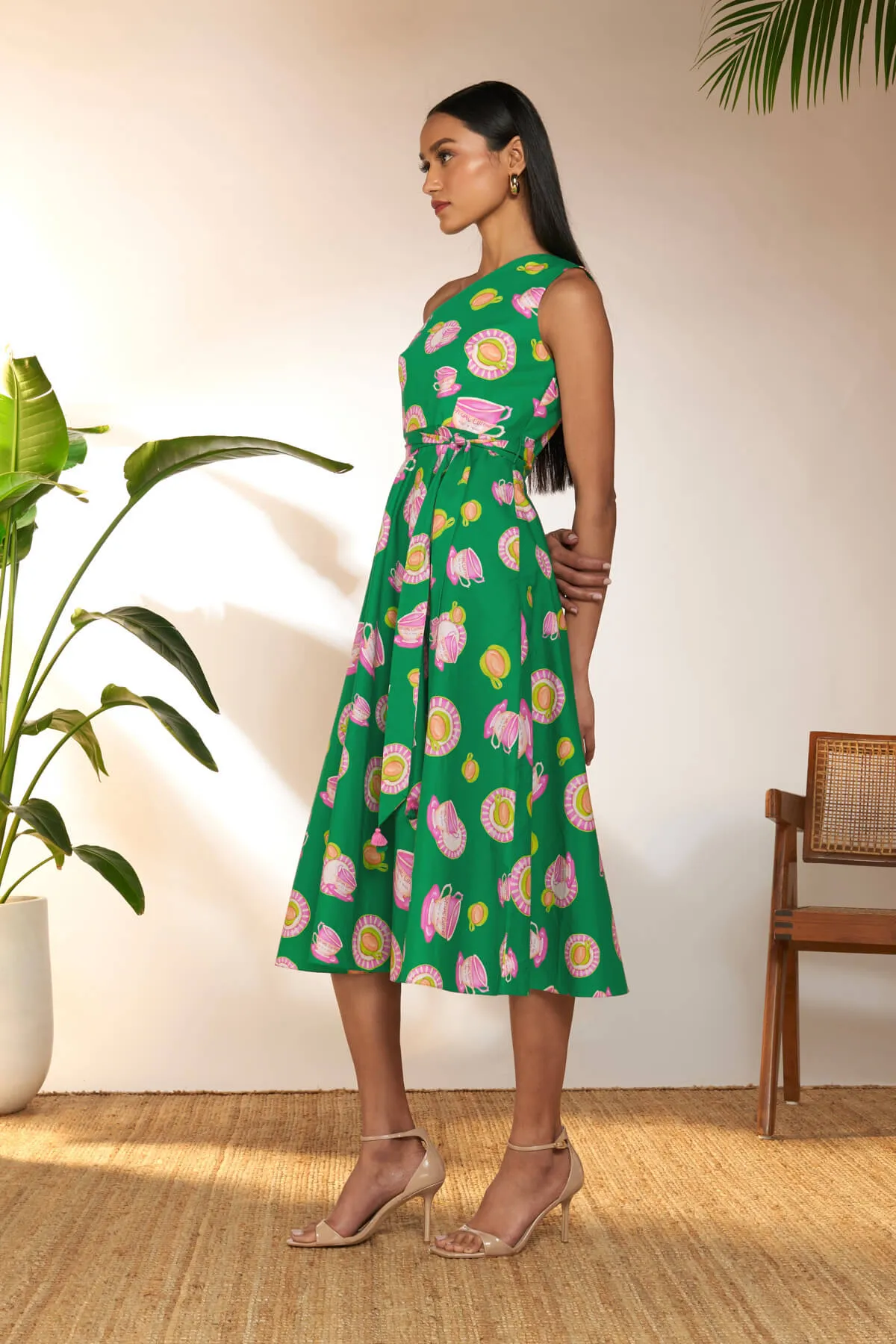 Green & pink one shoulder dress