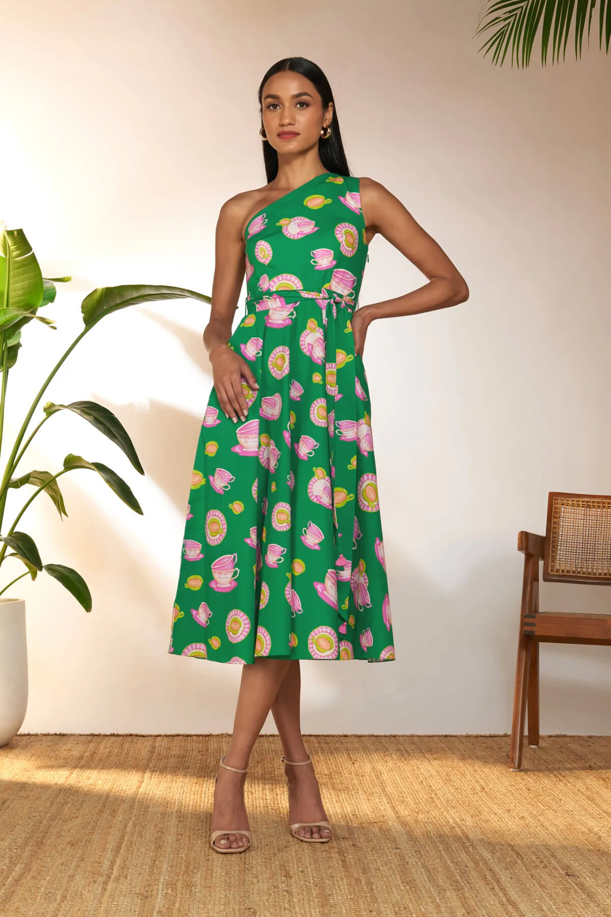 Green & pink one shoulder dress