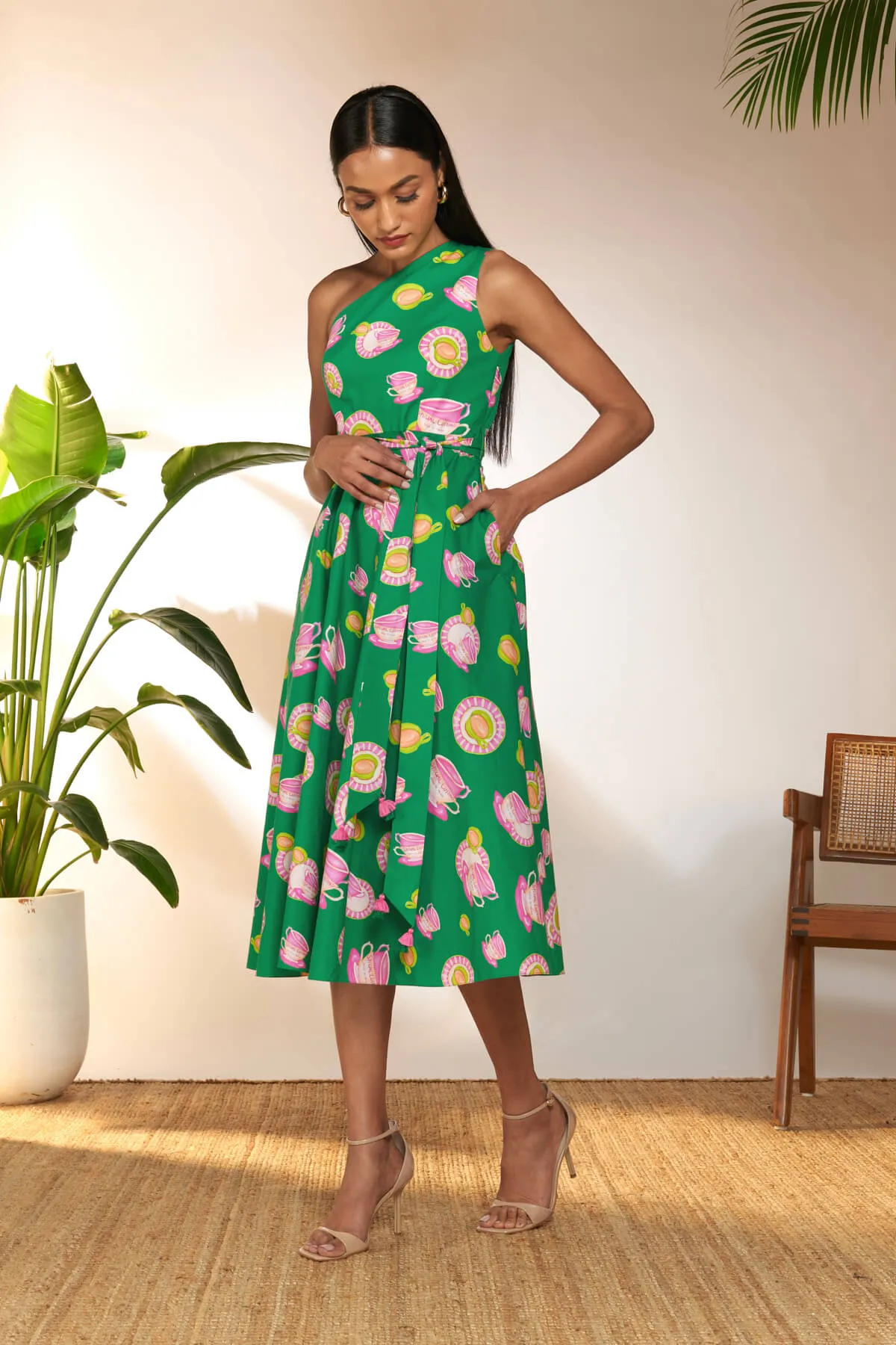 Green & pink one shoulder dress