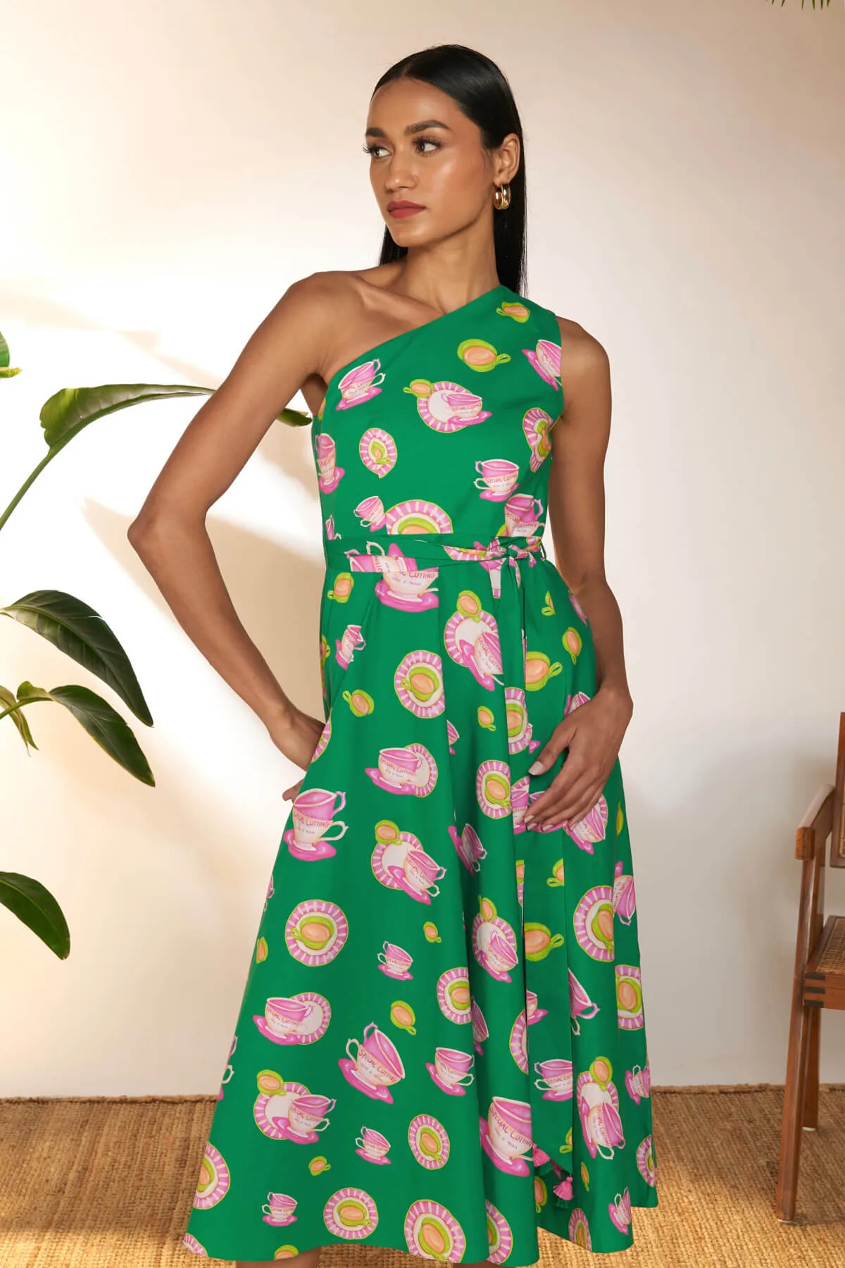 Green & pink one shoulder dress