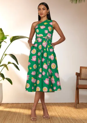 Green & pink one shoulder dress