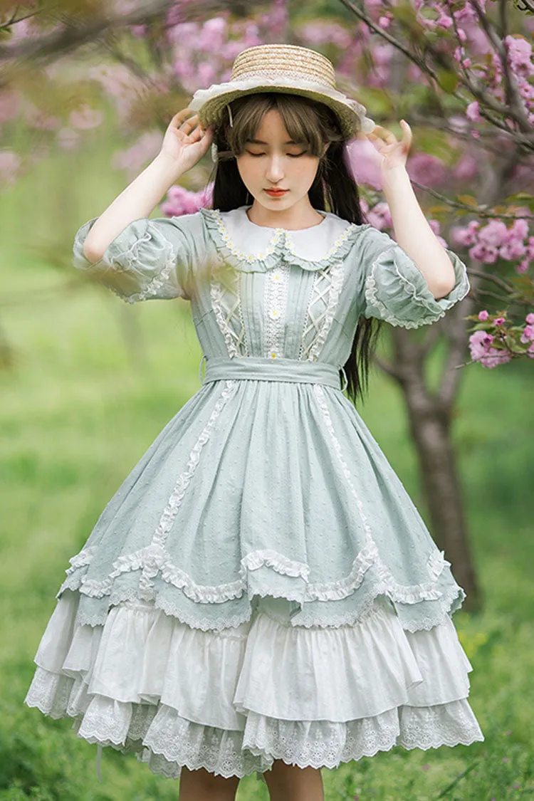 Green Doll Collar Lantern Half Sleeves Lace Ruffled Sweet Lolita Op Tiered Dress (Apron is included)