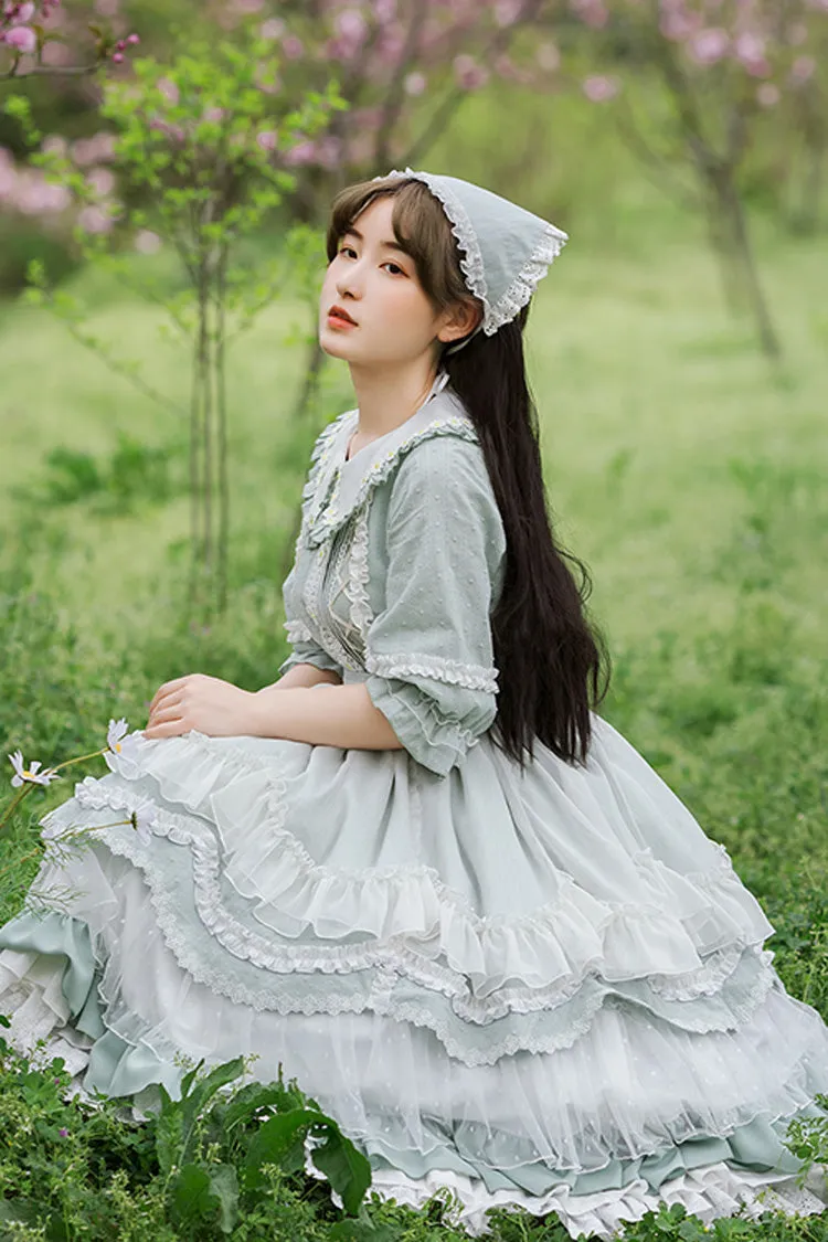 Green Doll Collar Lantern Half Sleeves Lace Ruffled Sweet Lolita Op Tiered Dress (Apron is included)