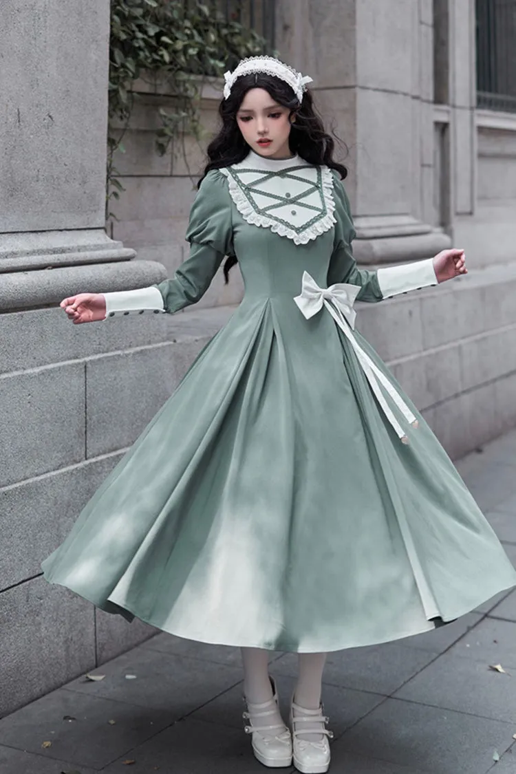 Green Nun Style Stand Collar Long Sleeves Ruffle Bowknot Classic Elegant Lolita Dress