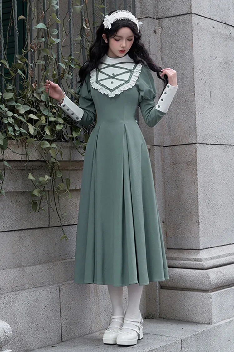 Green Nun Style Stand Collar Long Sleeves Ruffle Bowknot Classic Elegant Lolita Dress