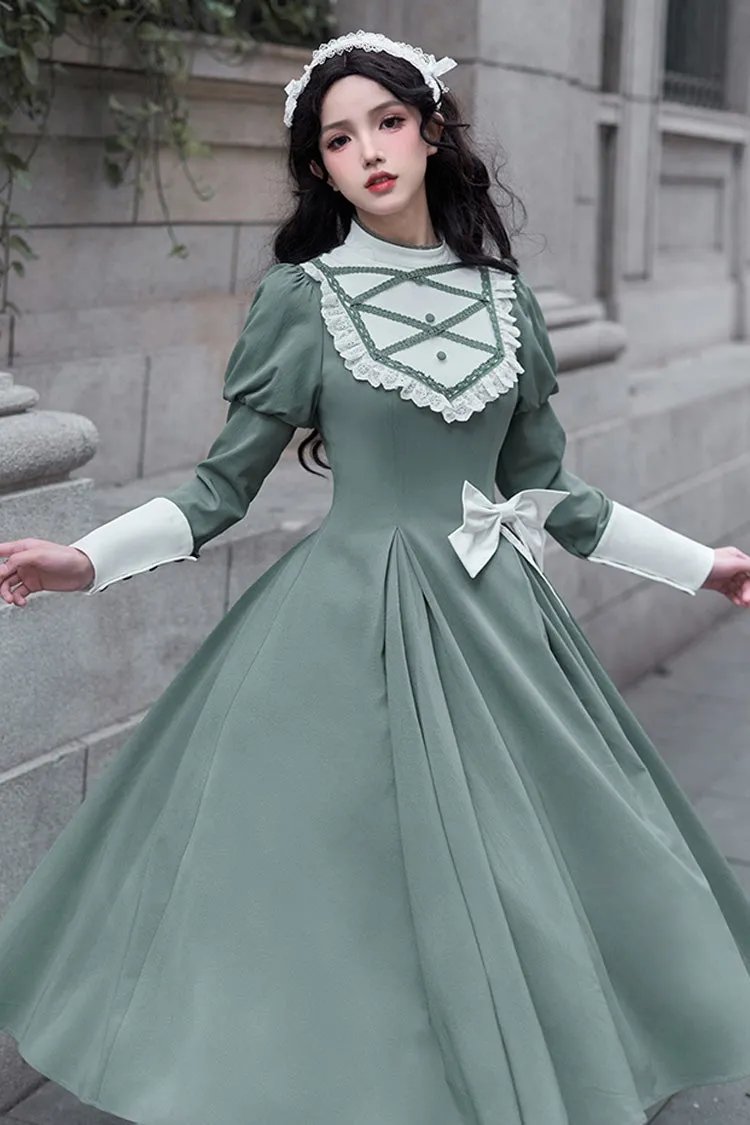 Green Nun Style Stand Collar Long Sleeves Ruffle Bowknot Classic Elegant Lolita Dress
