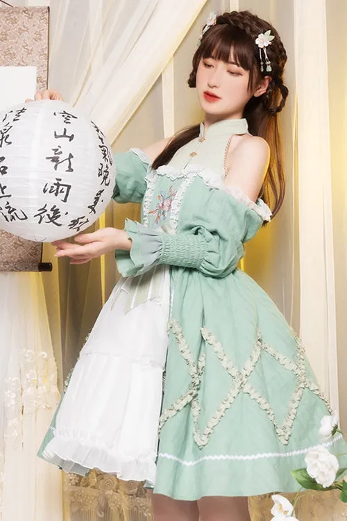 Green Off The Shoulder Long Sleeves Cardigan Hand Embroidered Sweet Lolita OP Dress