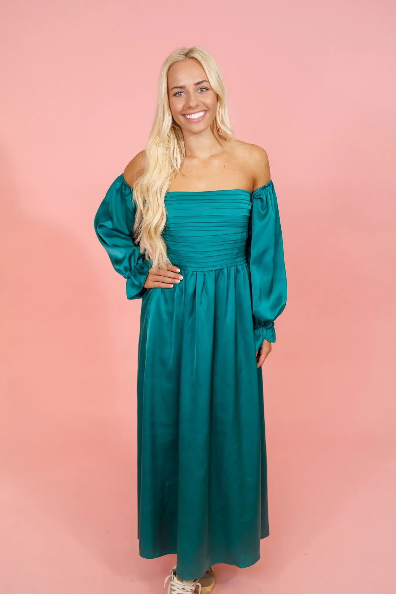 Green Pleated Satin Maxi