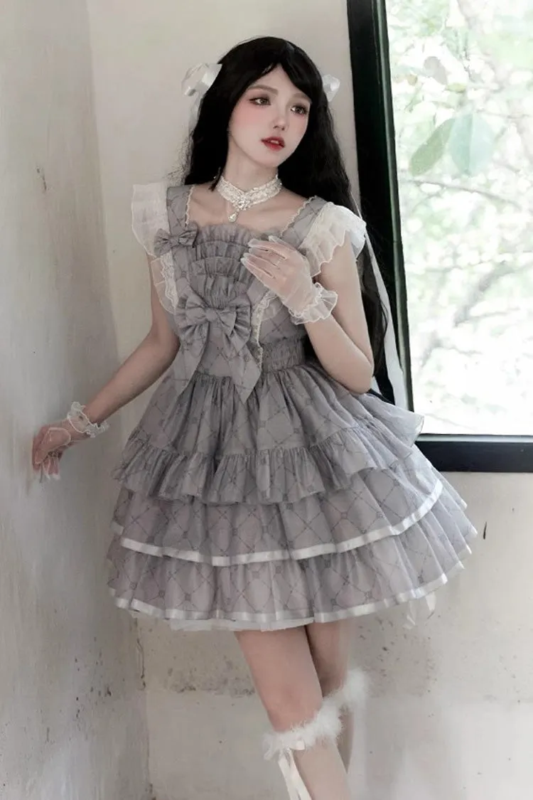 Grey Sleepless Dreams Multi-layer Print Ruffle Bowknot Sweet Elegant Lolita Jsk Dress