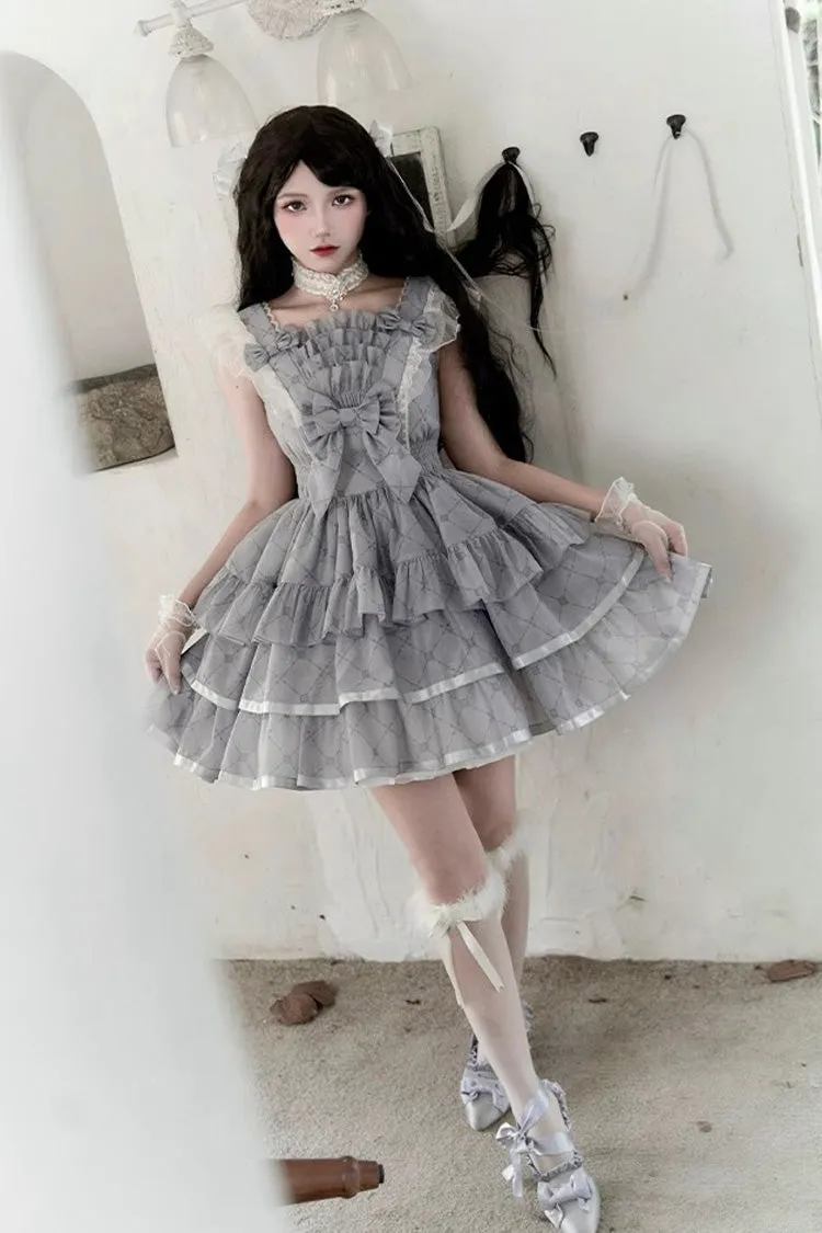 Grey Sleepless Dreams Multi-layer Print Ruffle Bowknot Sweet Elegant Lolita Jsk Dress