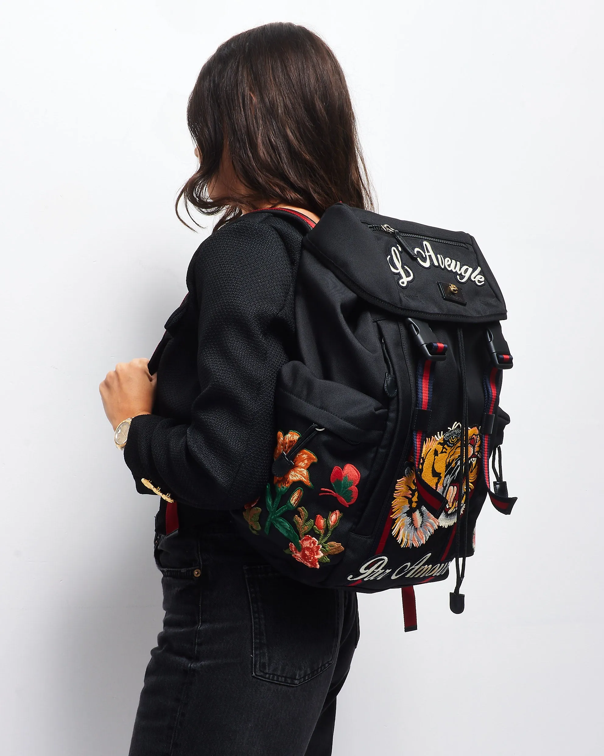 Gucci Black Canvas Embroidered Patch L'Aveugle Par Amour Buckle Backpack