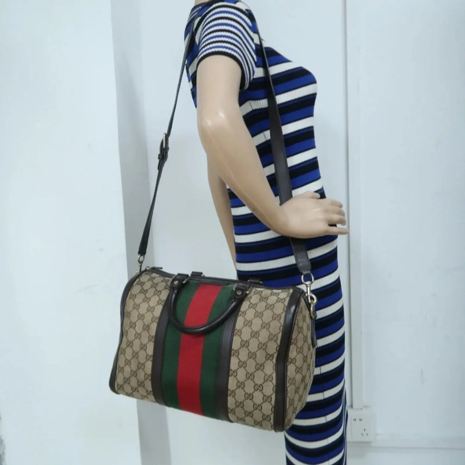 Gucci Boston Web Brown Canvas Satchel Bag