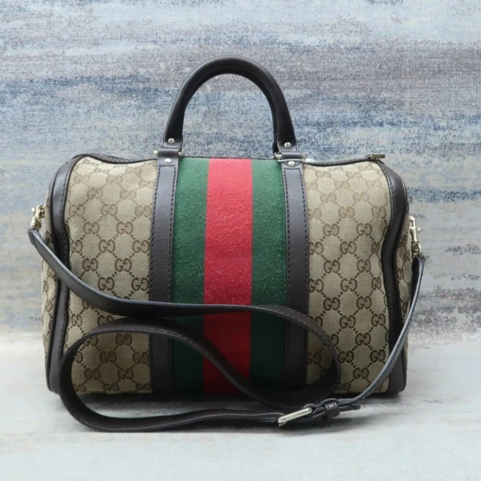 Gucci Boston Web Brown Canvas Satchel Bag