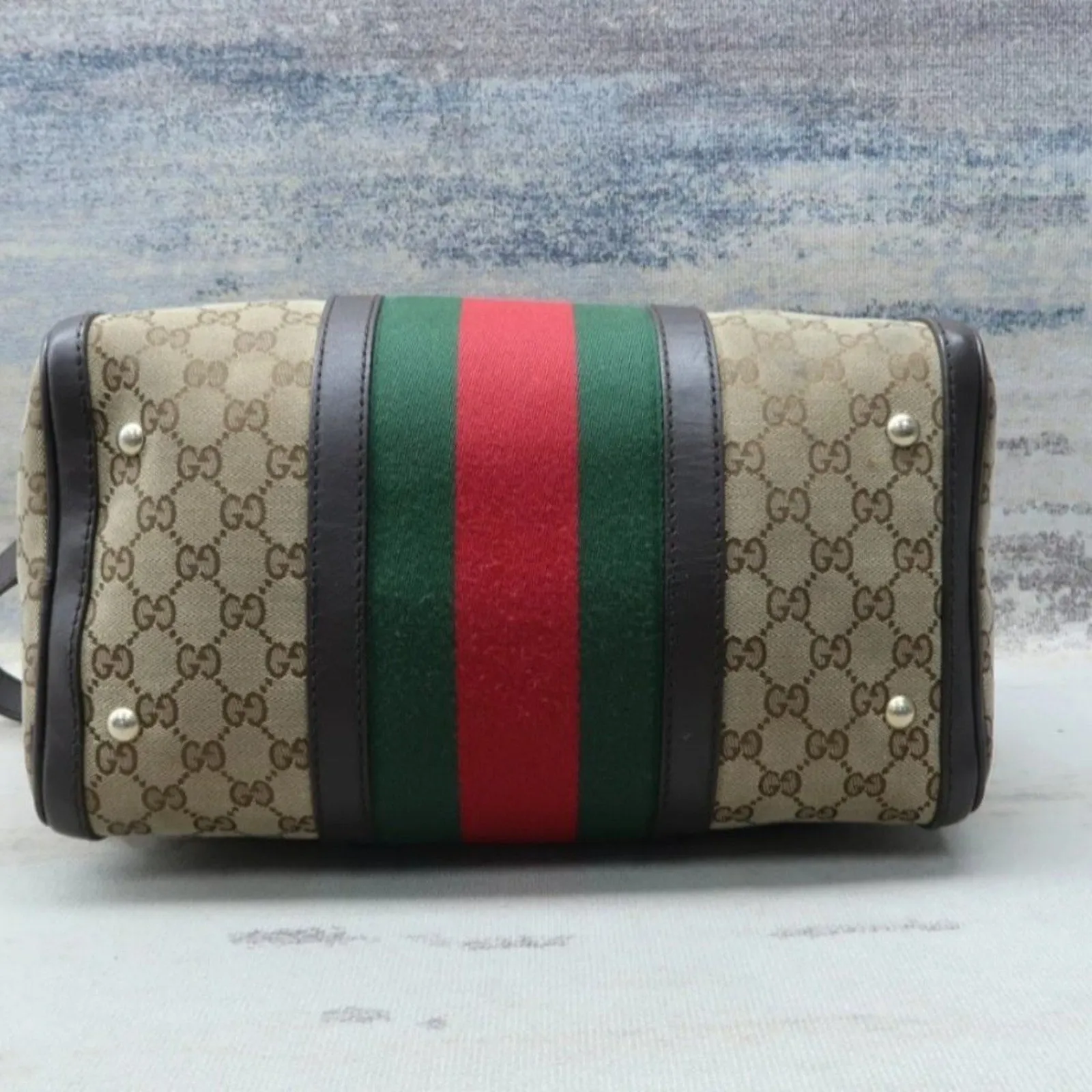 Gucci Boston Web Brown Canvas Satchel Bag