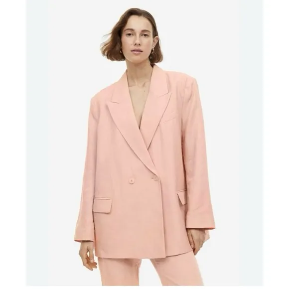 H&amp;M Linen Blend Double Breasted Blazer sz: L Pink Oversized Relaxed Fit Casual