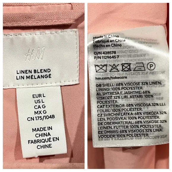 H&amp;M Linen Blend Double Breasted Blazer sz: L Pink Oversized Relaxed Fit Casual