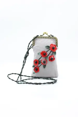 Handmade Glasses Case with Leatherette Strap - Poppy with leaves
