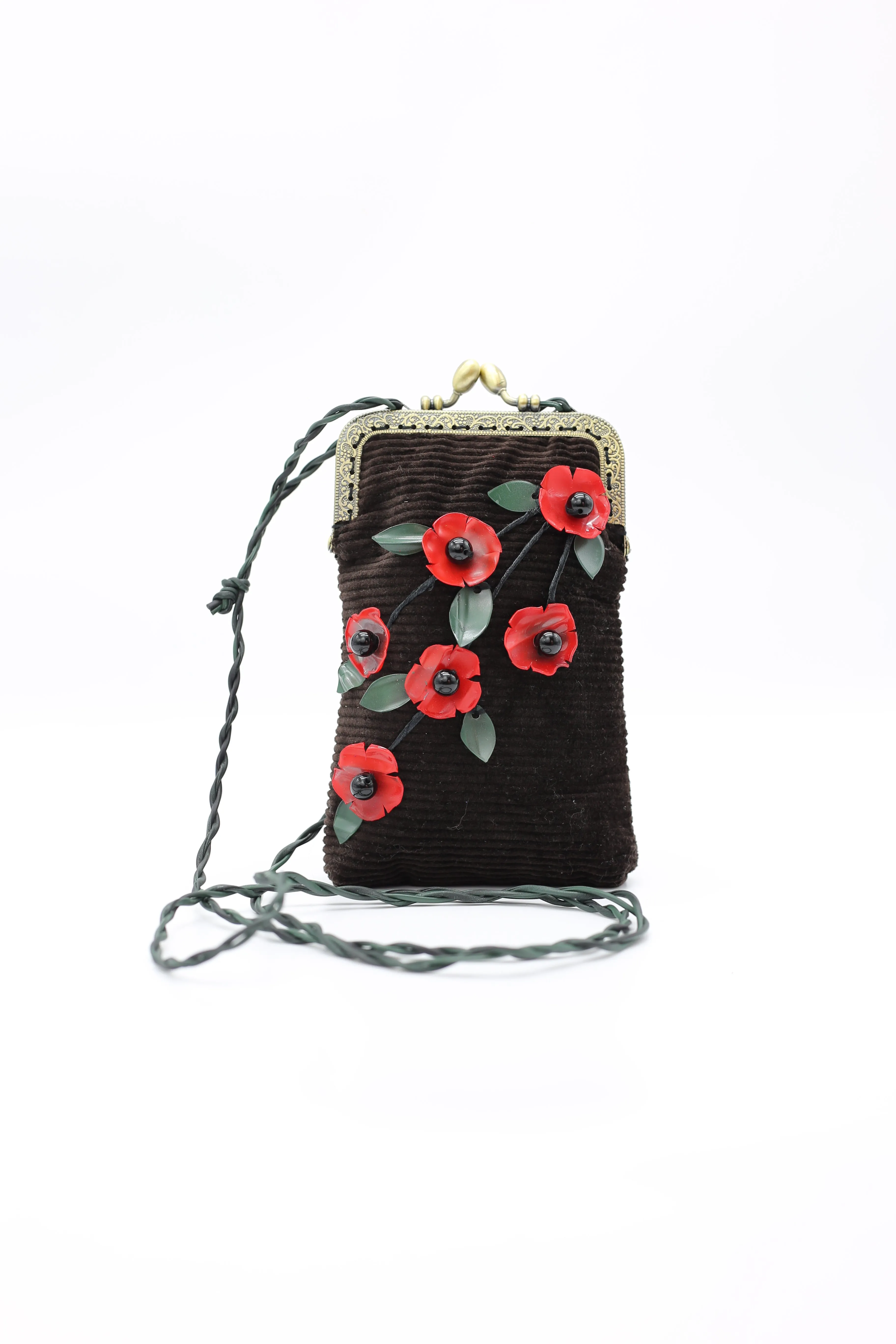 Handmade Glasses Case with Leatherette Straps - Poppy with Leaves