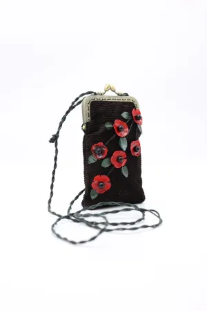 Handmade Glasses Case with Leatherette Straps - Poppy with Leaves