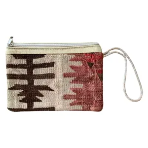 Handmade Kilim Pouch with Linen Back | (#7904AB)