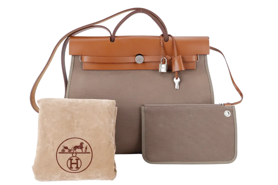 HERMES HERBAG 39 BROWN CANVAS RHW STAMP C (2018) WITH DUST COVER