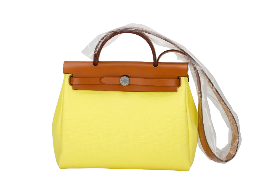 HERMES HERBAG ZIP LIME 31 STAMP B (YEAR 2023) TOILE H BERLINE VACHE HUNTER LEATHER SILVER HARDWARERIS WITH KEYS, LOCK, DUST COVER AND BOX