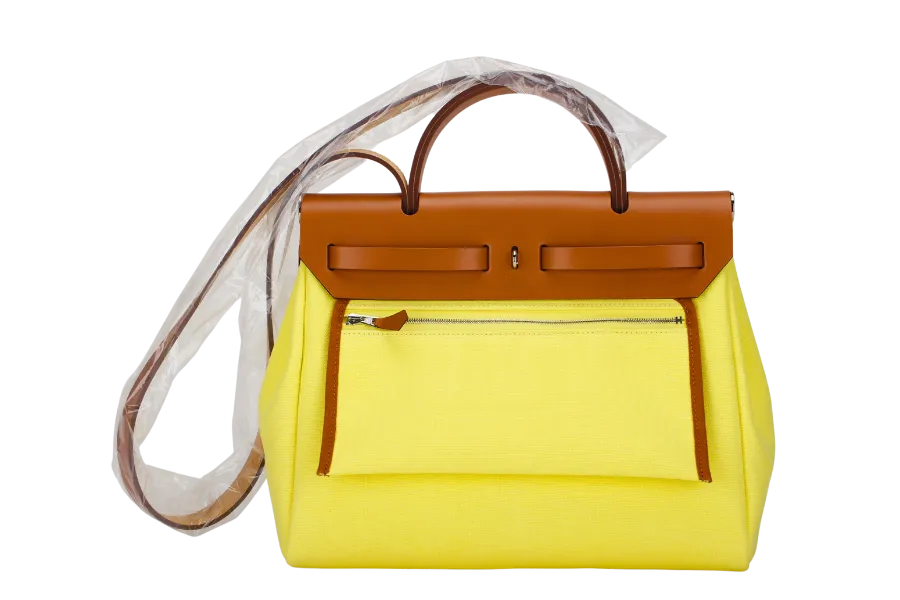 HERMES HERBAG ZIP LIME 31 STAMP B (YEAR 2023) TOILE H BERLINE VACHE HUNTER LEATHER SILVER HARDWARERIS WITH KEYS, LOCK, DUST COVER AND BOX