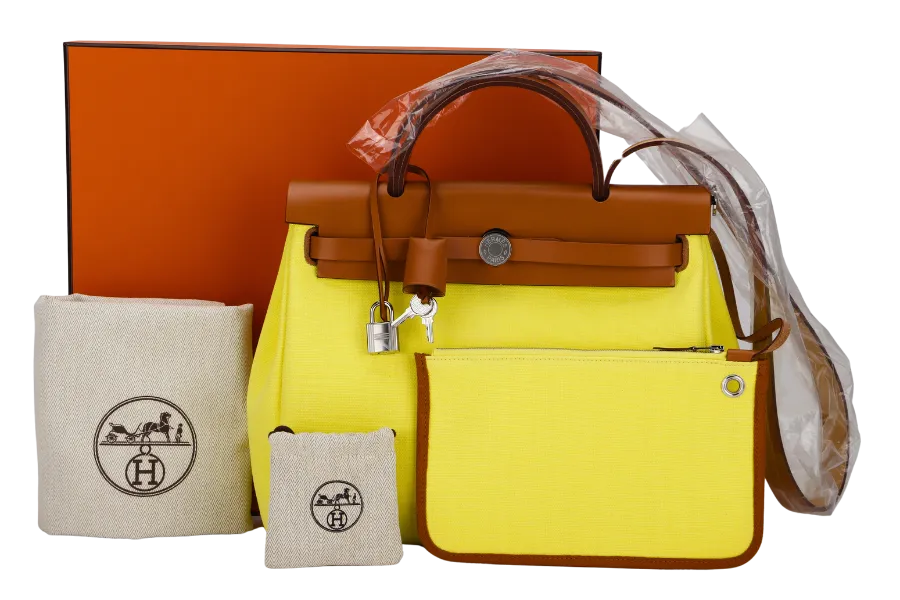 HERMES HERBAG ZIP LIME 31 STAMP B (YEAR 2023) TOILE H BERLINE VACHE HUNTER LEATHER SILVER HARDWARERIS WITH KEYS, LOCK, DUST COVER AND BOX