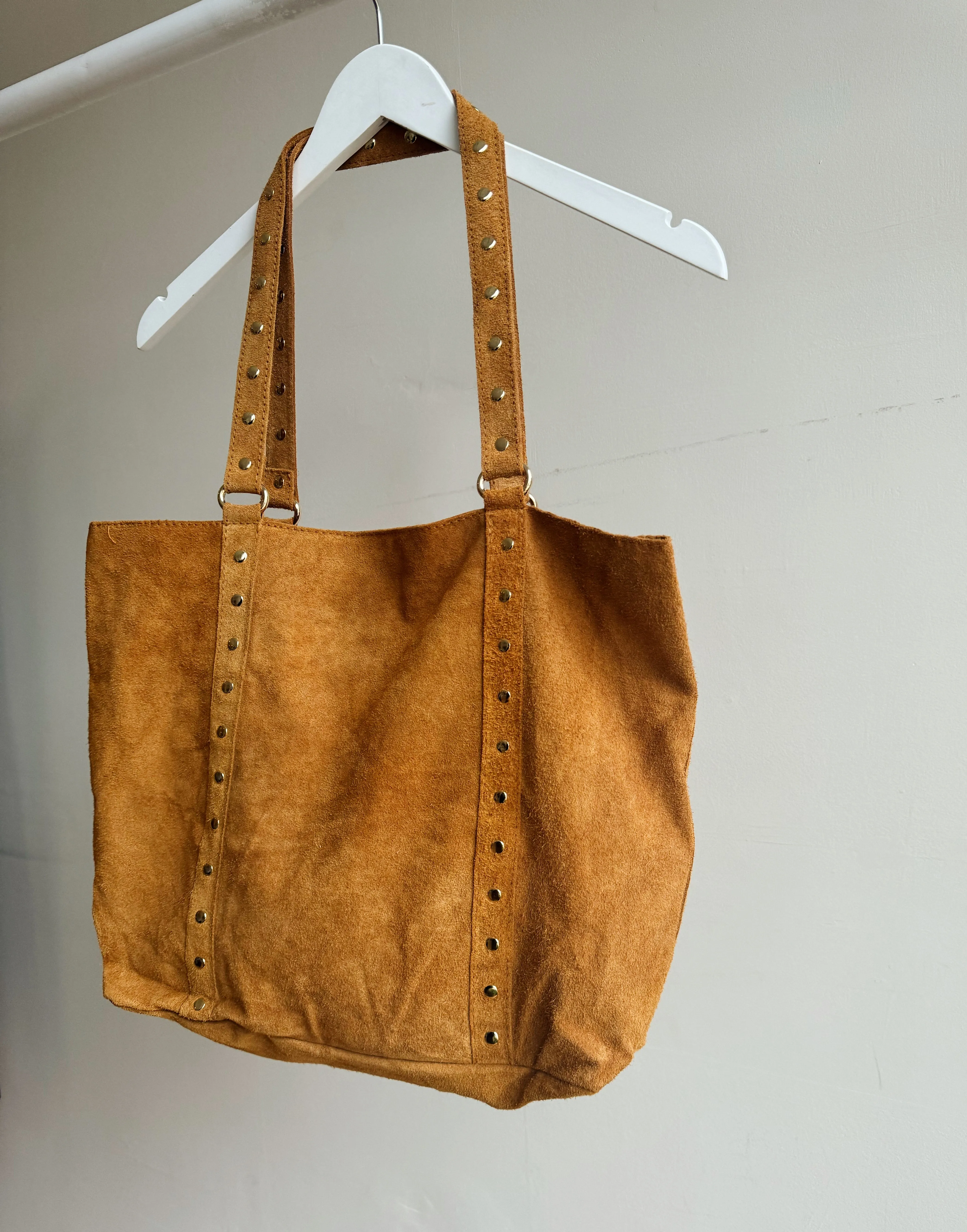 Italian Studded Suede Leather Tote Bag in Ginger