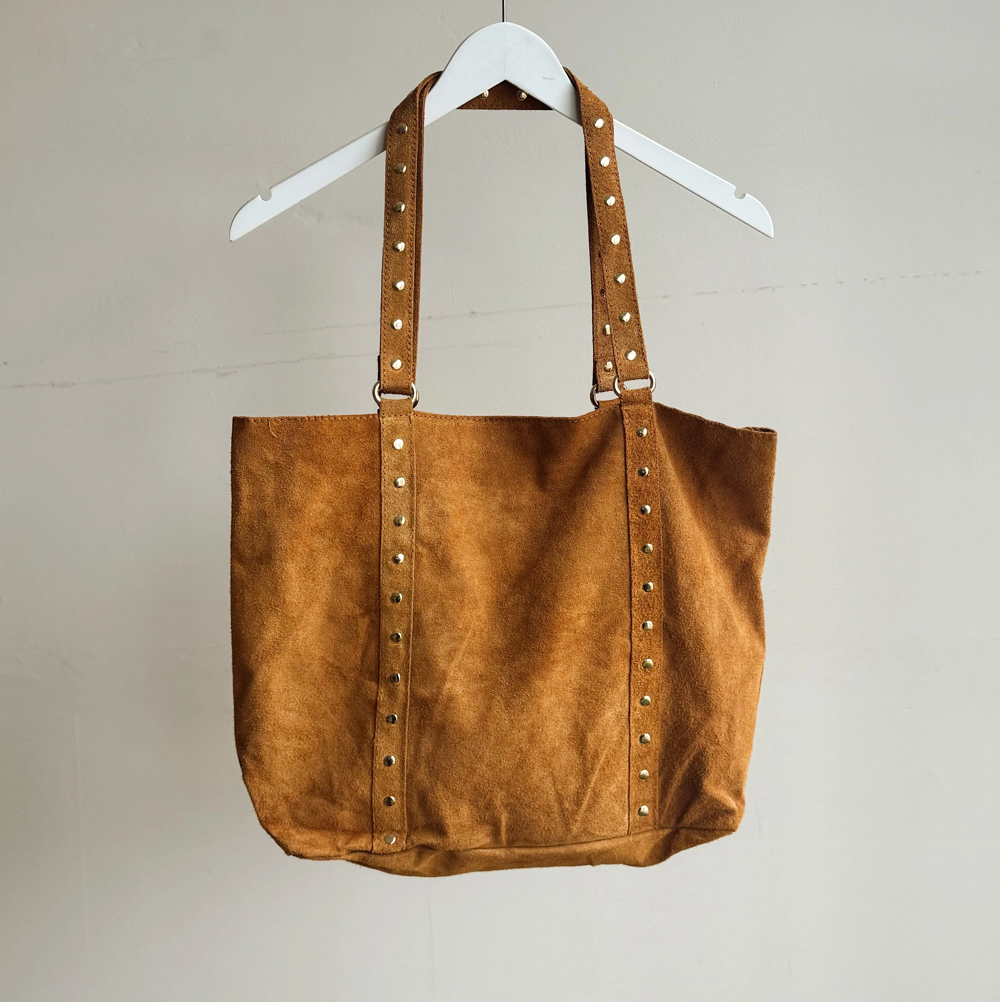 Italian Studded Suede Leather Tote Bag in Ginger