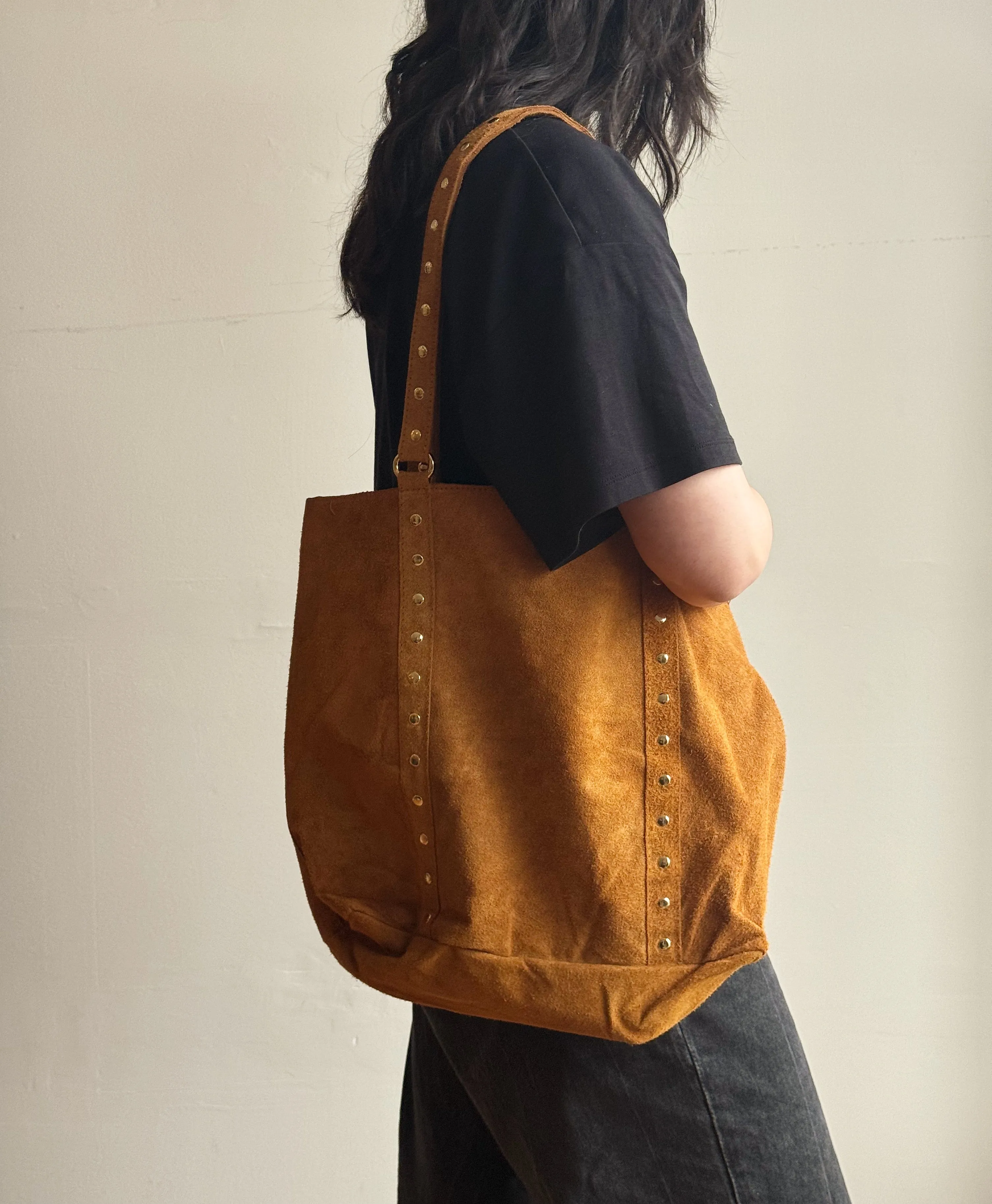 Italian Studded Suede Leather Tote Bag in Ginger
