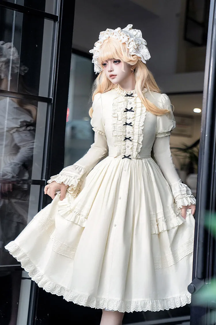 Ivory [Birch Appointment] Stand Collar Long Puff Sleeves Ruffle Bowknot Sweet Lolita Dress