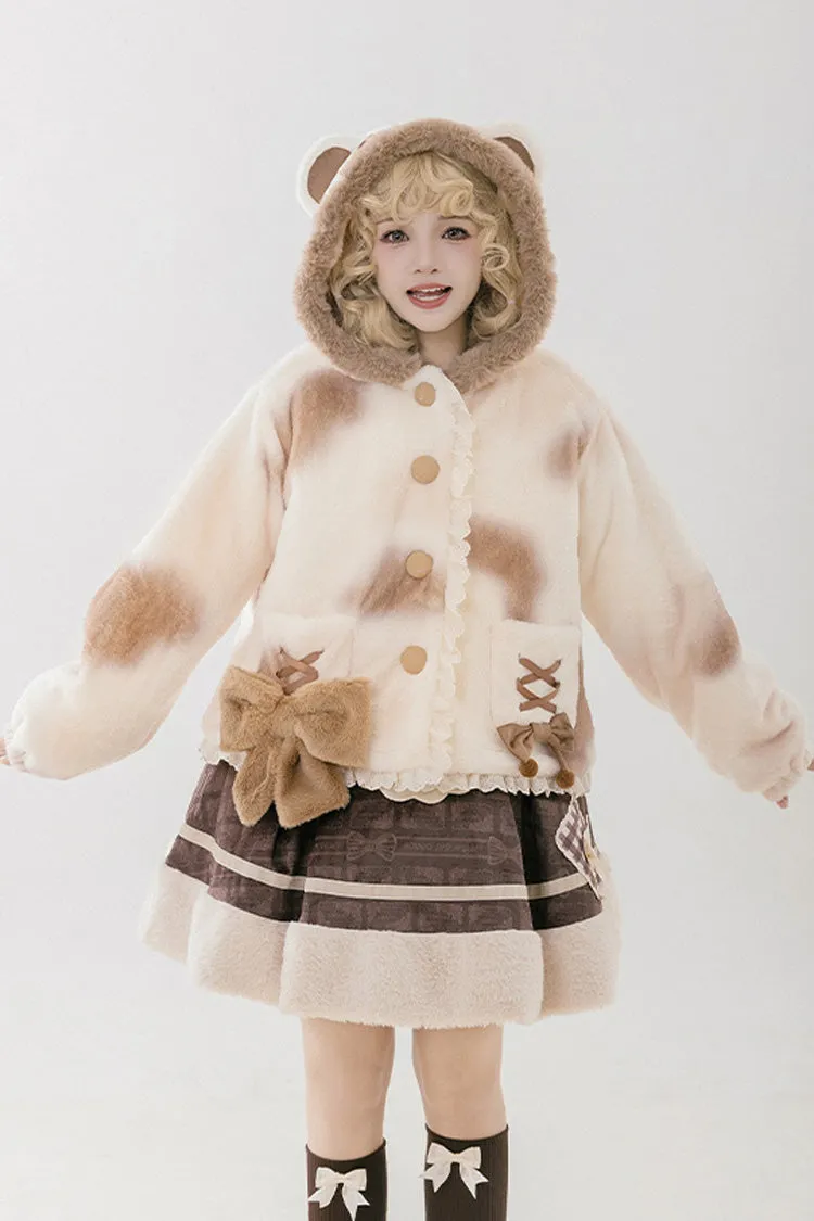 Ivory [Mocha Bear] Print Bowknot Hooded Sweet Lolita Coat