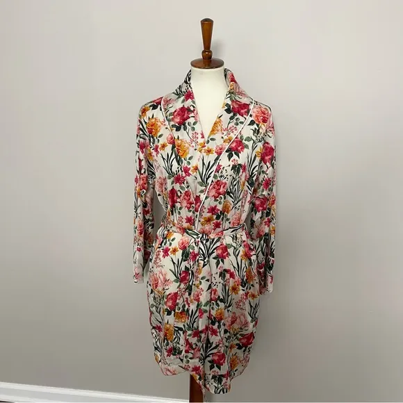 J Crew Robe Winter Garden Floral Botanical Eco Easy Luxe Pockets Red Pink Yellow