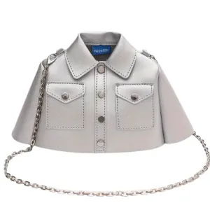 Jacket/Shirt Design in PU Leather with Silver Snap Accents Crossbody/Shoulder Purse In SILVER