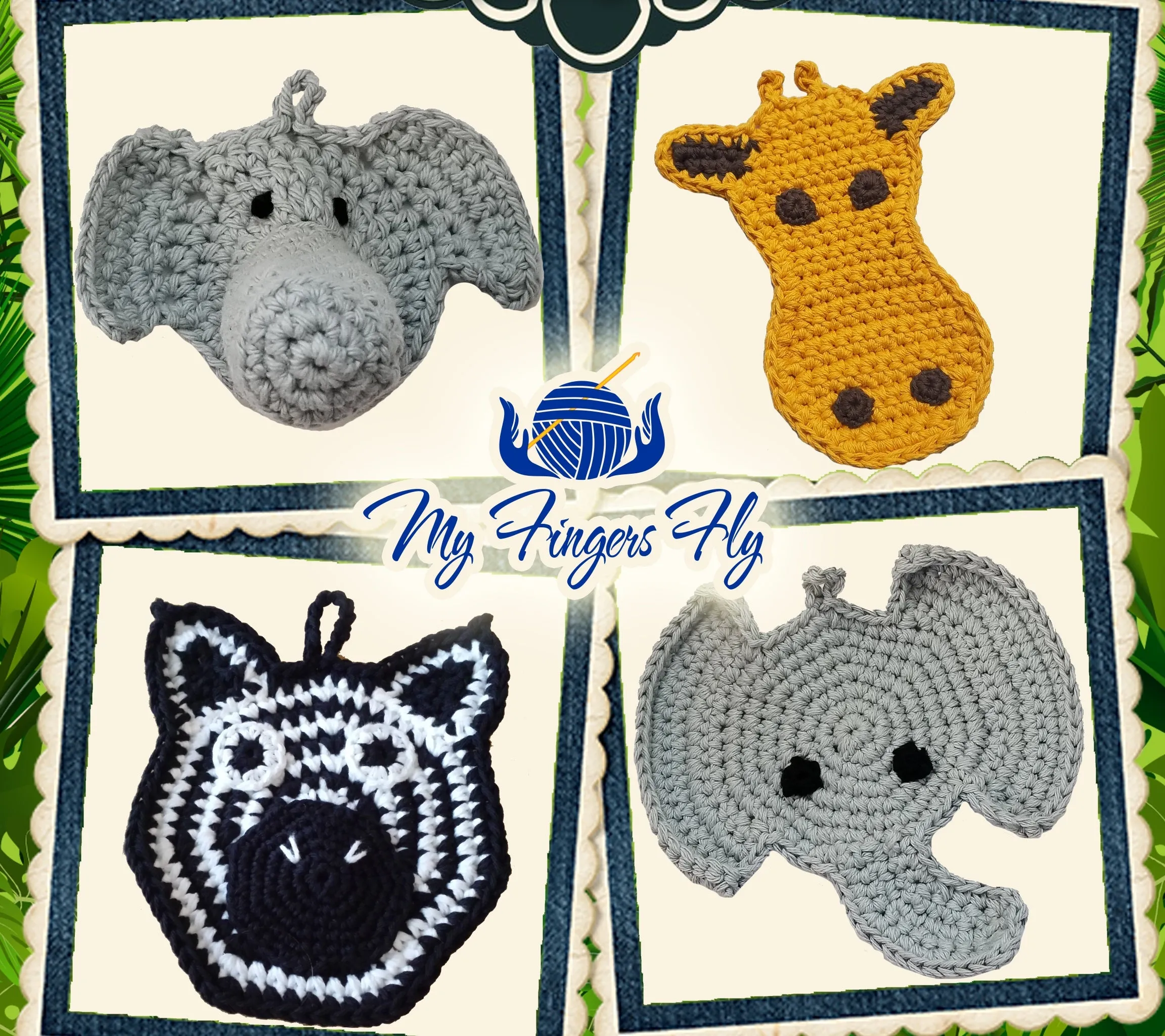 Jungle Potholders Crochet Kit with Cotton Yarn - Elephants, Zebra, Giraffe