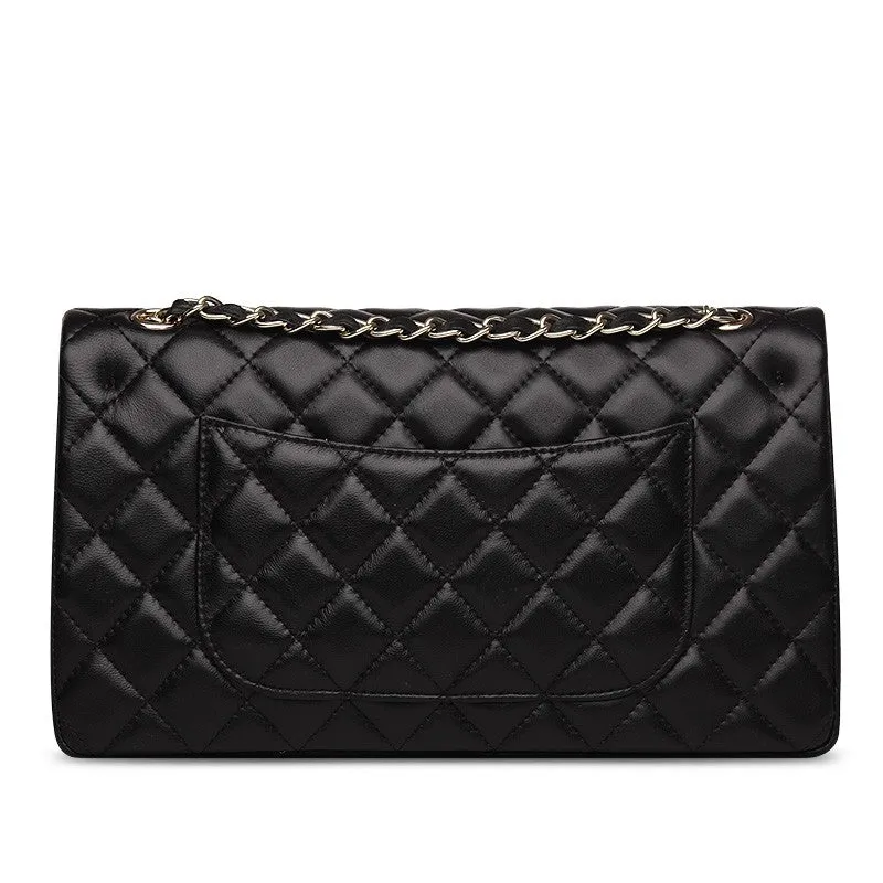 Kate Quilted Lambskin Leather Double Flap Shoulder Bag with Leather-Woven Gold-tone Chain Strap