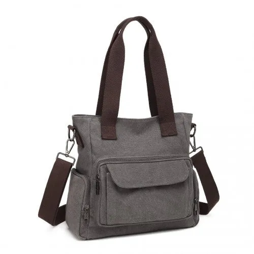 Kono Large Capacity Multi Compartment Canvas Crossbody Tote Bag - Grey