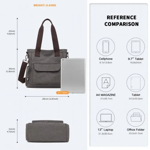 Kono Large Capacity Multi Compartment Canvas Crossbody Tote Bag - Grey