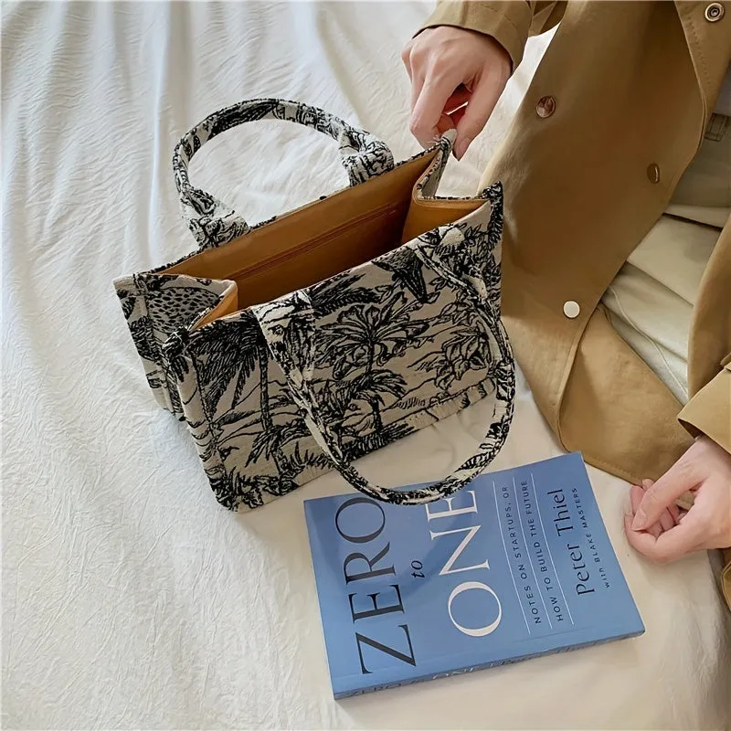 Landscape Pattern Satchel Crossbody Bag, Canvas Lightweight Tote Bag, Casual Fashion Versatile Shoulder Bag