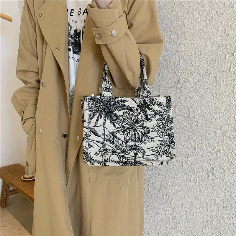 Landscape Pattern Satchel Crossbody Bag, Canvas Lightweight Tote Bag, Casual Fashion Versatile Shoulder Bag
