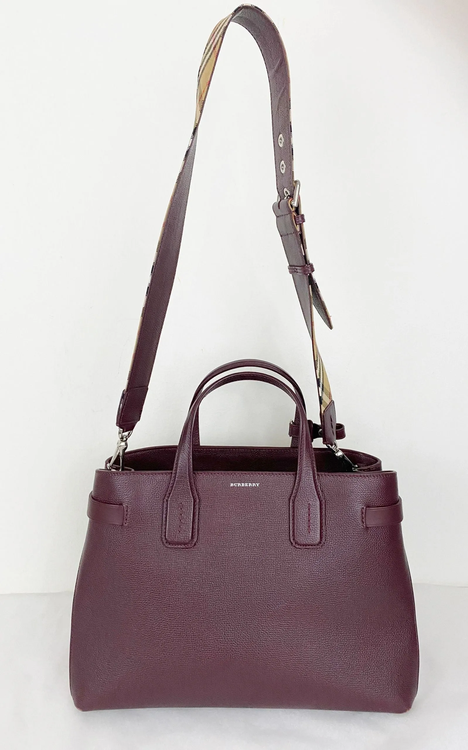 Leather Banner Tote W/ Check Strap